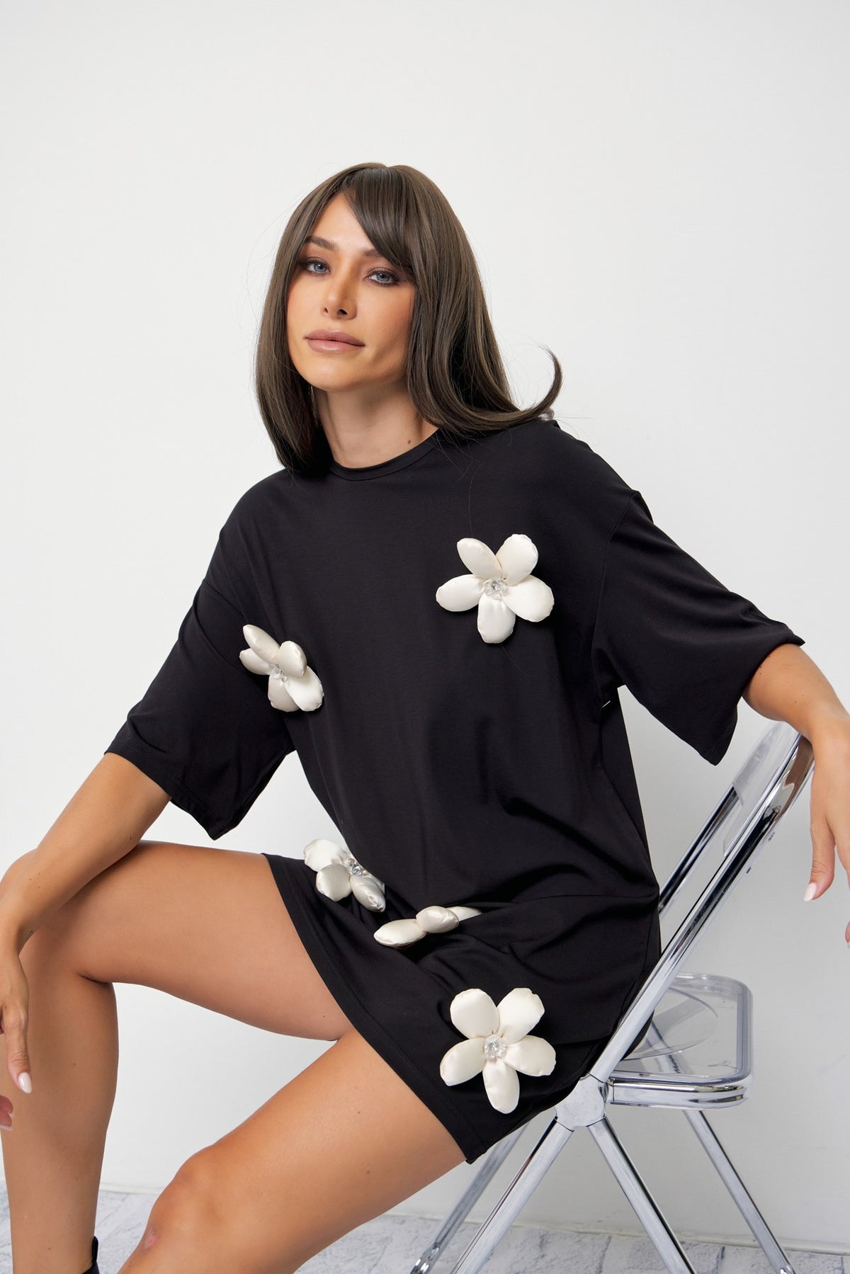 Nina Flower Embellished T Shirt Black