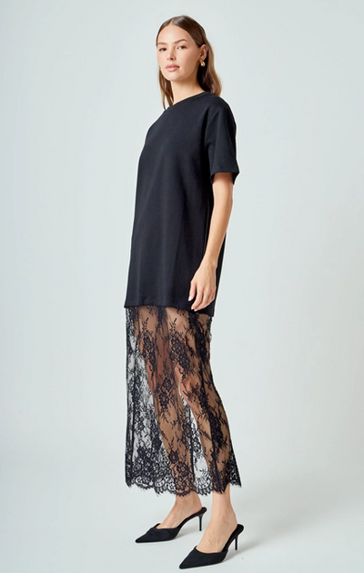 Mix Media Tshirt Lace Dress Black