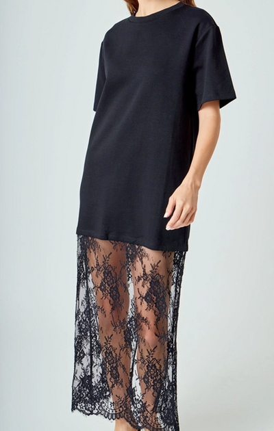 Mix Media Tshirt Lace Dress Black