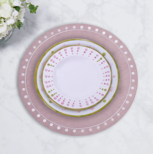 Round Embroidered Dots Round Placemats Set of 4 Pink and White