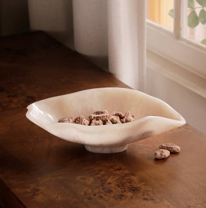 Alabaster Small Oval Bowl White Swirl