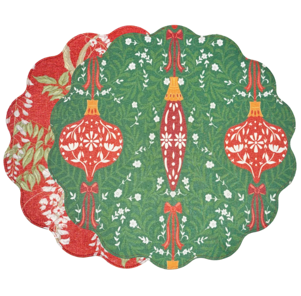 Holiday Wisteria Ornaments Reversible Round Placemats Set of 4 Red Green