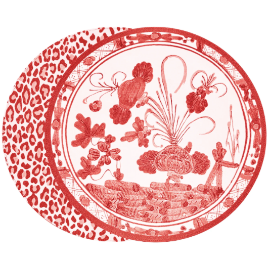 Faenza and Leopard Reversible Round Placemats Set of 4 White & Red