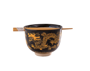 Donburi Bowl With Chopsticks Set Oriental Ryu Design Black