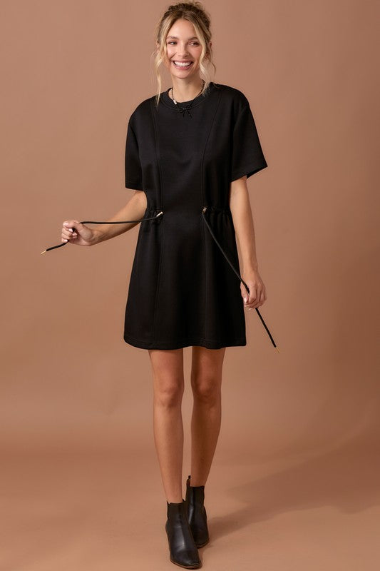 Short Sleeve Round Neckline Knit Dress Black