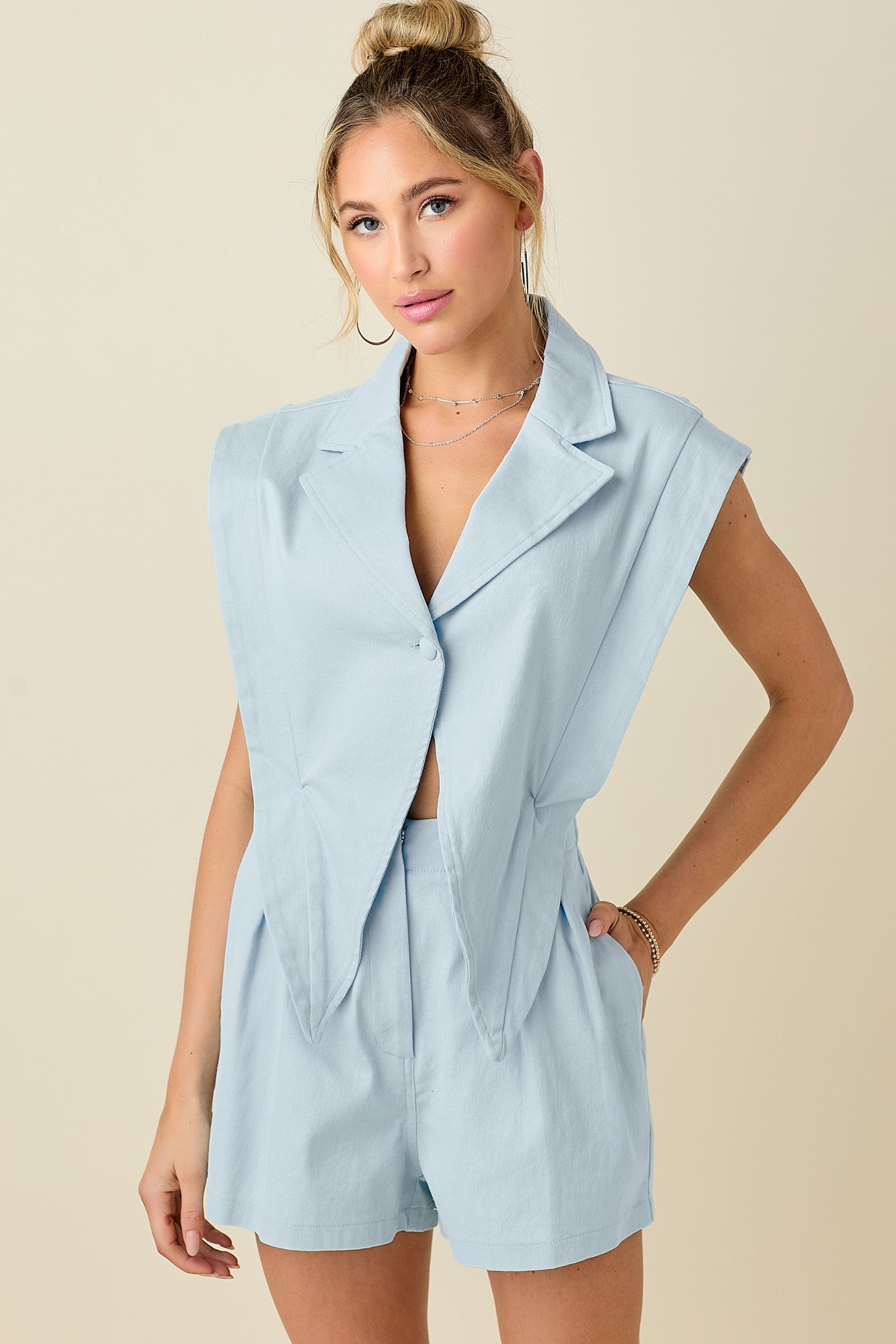 Blazer Style 2fer Denim Romper Blue