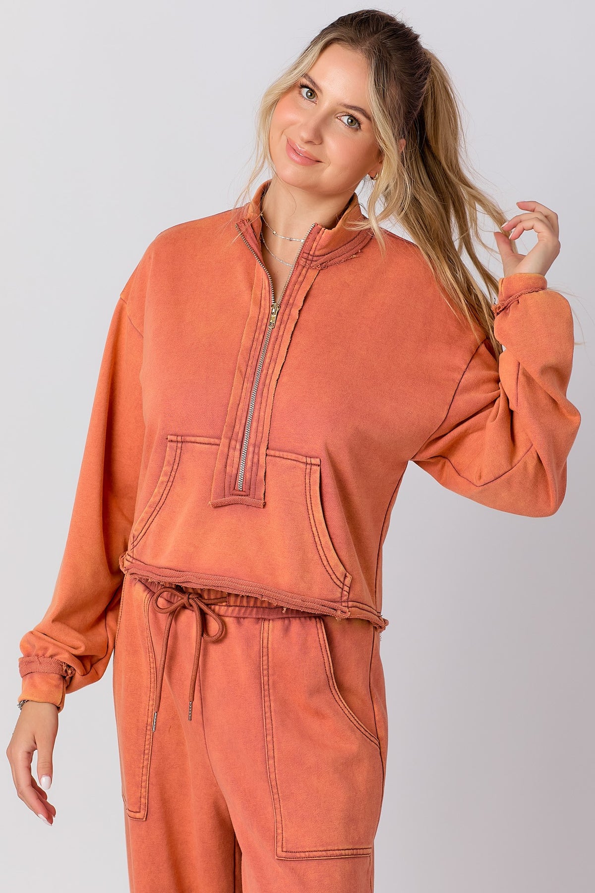 Half Zipper Boxy French Terry Cropped Top Rust