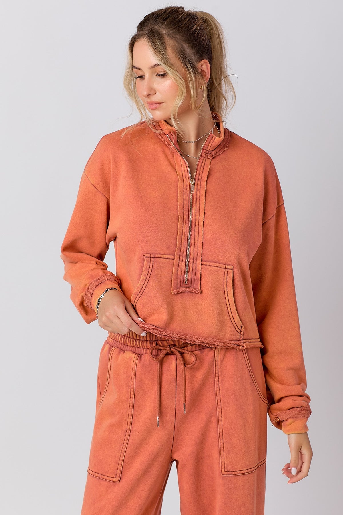 Half Zipper Boxy French Terry Cropped Top Rust