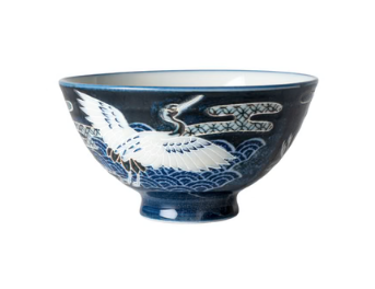 Japanese Crane Design Porcelain Rice Bowl Navy Blue JP