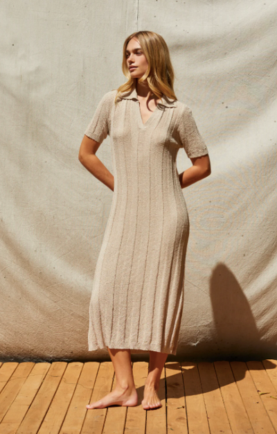 Edie Ribbed Sweater Knit Polo Dress Taupe