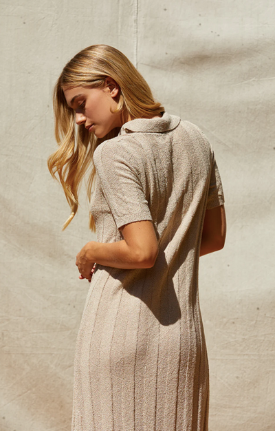 Edie Ribbed Sweater Knit Polo Dress Taupe