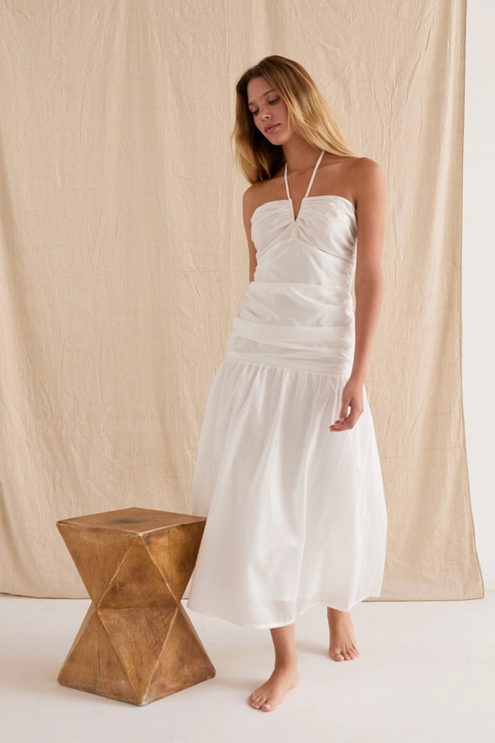 Rayna Shirred Halter Midi Dress White