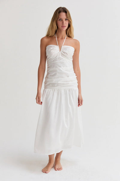 Rayna Shirred Halter Midi Dress White