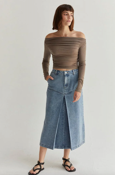 Brielle Denim Midi Skirt With Front Pleat Denin