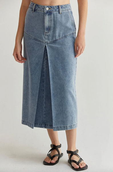 Brielle Denim Midi Skirt With Front Pleat Denin