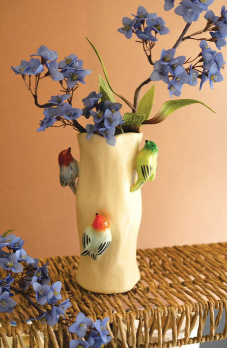 Ceramic Log Vase with Colorful Birds