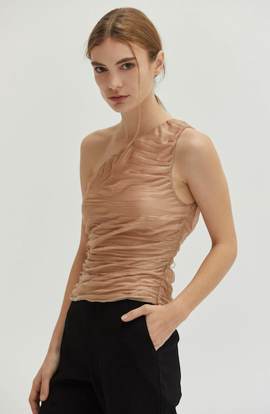 Ivy One Shoulder Pleated Mesh Top Copper