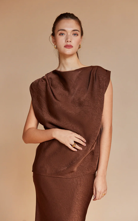Claire Cowl Neck Crushed Satin Top Espresso