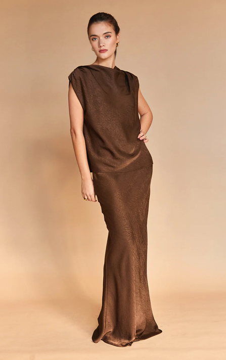 Claire Cowl Neck Crushed Satin Top Espresso