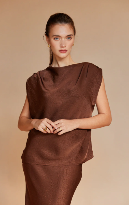 Claire Cowl Neck Crushed Satin Top Espresso
