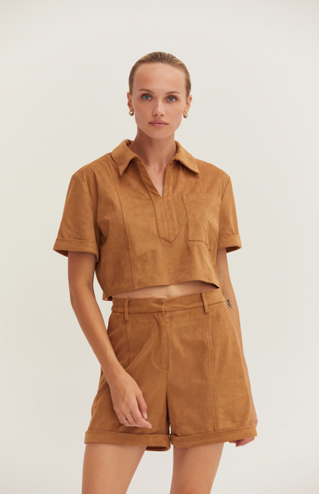 Lori Suede Cropped Shirt Camel