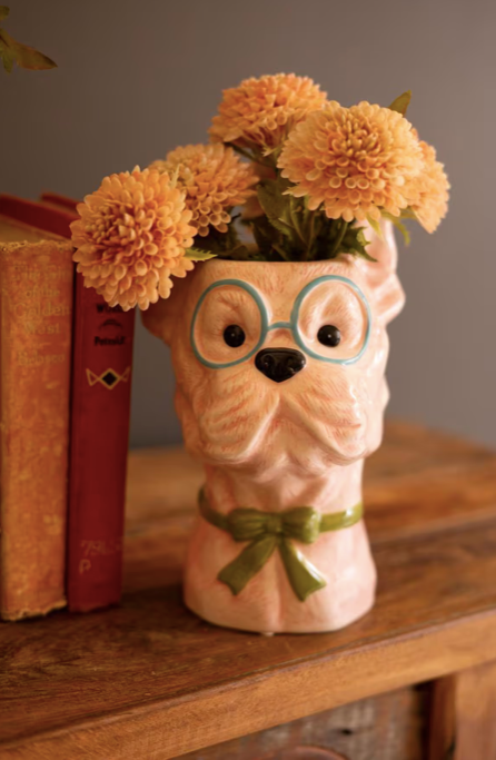 Ceramic Dog with Bows Vase Pink