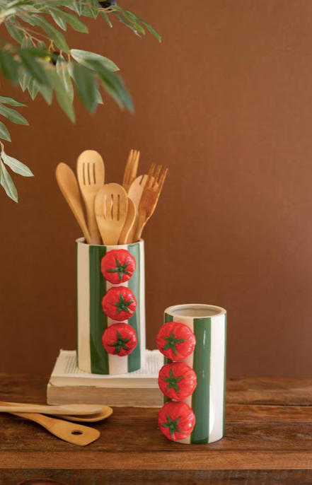 Ceramic Green Striped Vases w Tomatoes