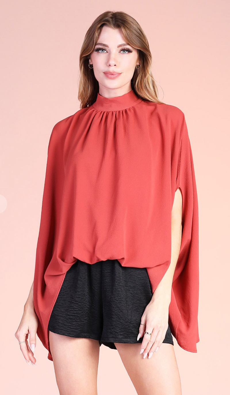 Mock Neck Caftan Top Tomato Red