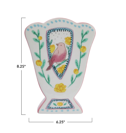 Vase Scalloped Edge Birds Multi Color
