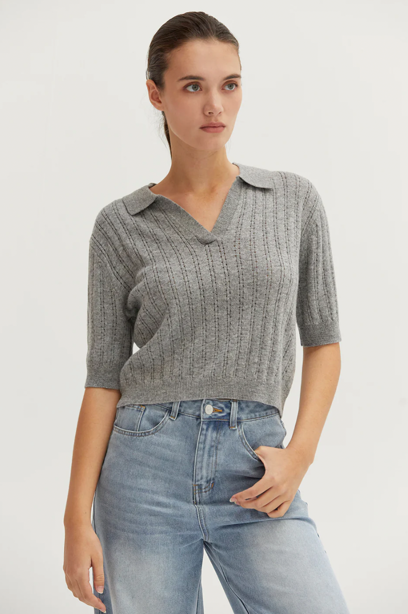 Saman Pointelle Knit Top H Grey
