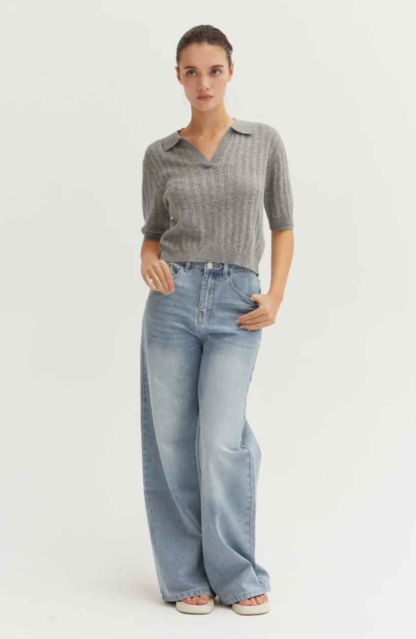 Saman Pointelle Knit Top H Grey