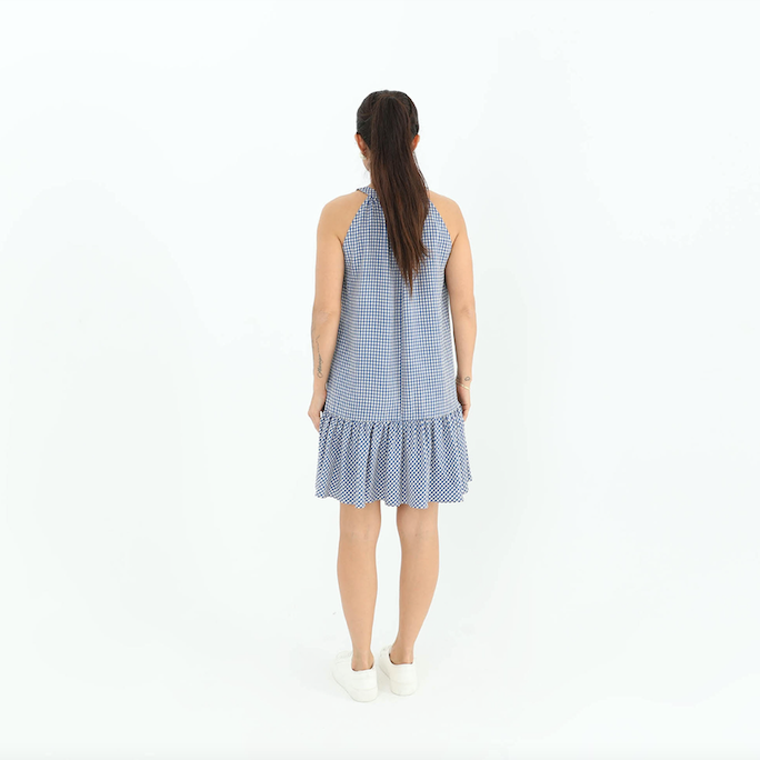Checkered Neck Tie Mini Dress Sax Blue