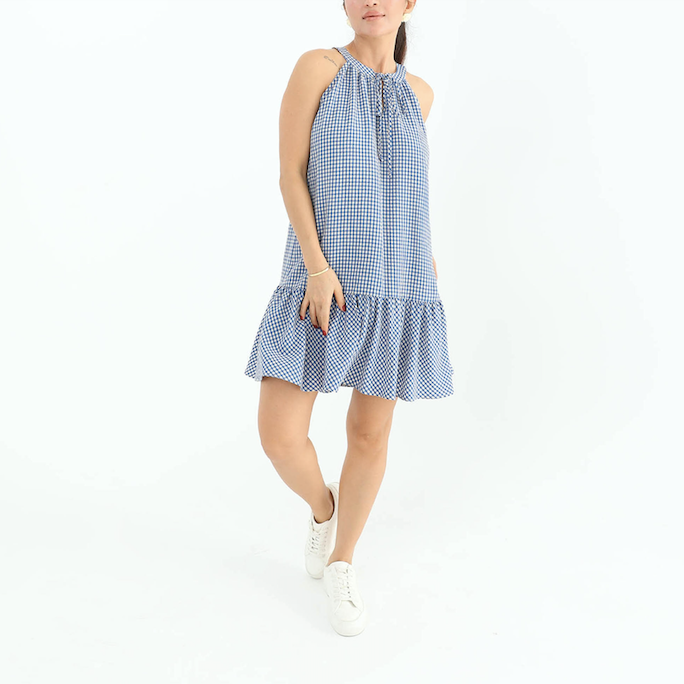 Checkered Neck Tie Mini Dress Sax Blue