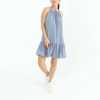 Checkered Neck Tie Mini Dress Sax Blue
