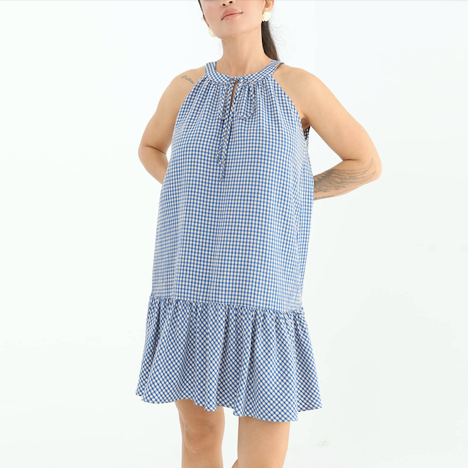 Checkered Neck Tie Mini Dress Sax Blue