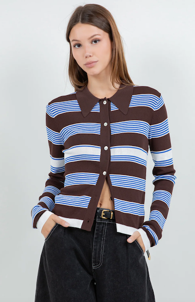 Cardigan Striped Brown White Blue