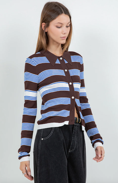 Cardigan Striped Brown White Blue