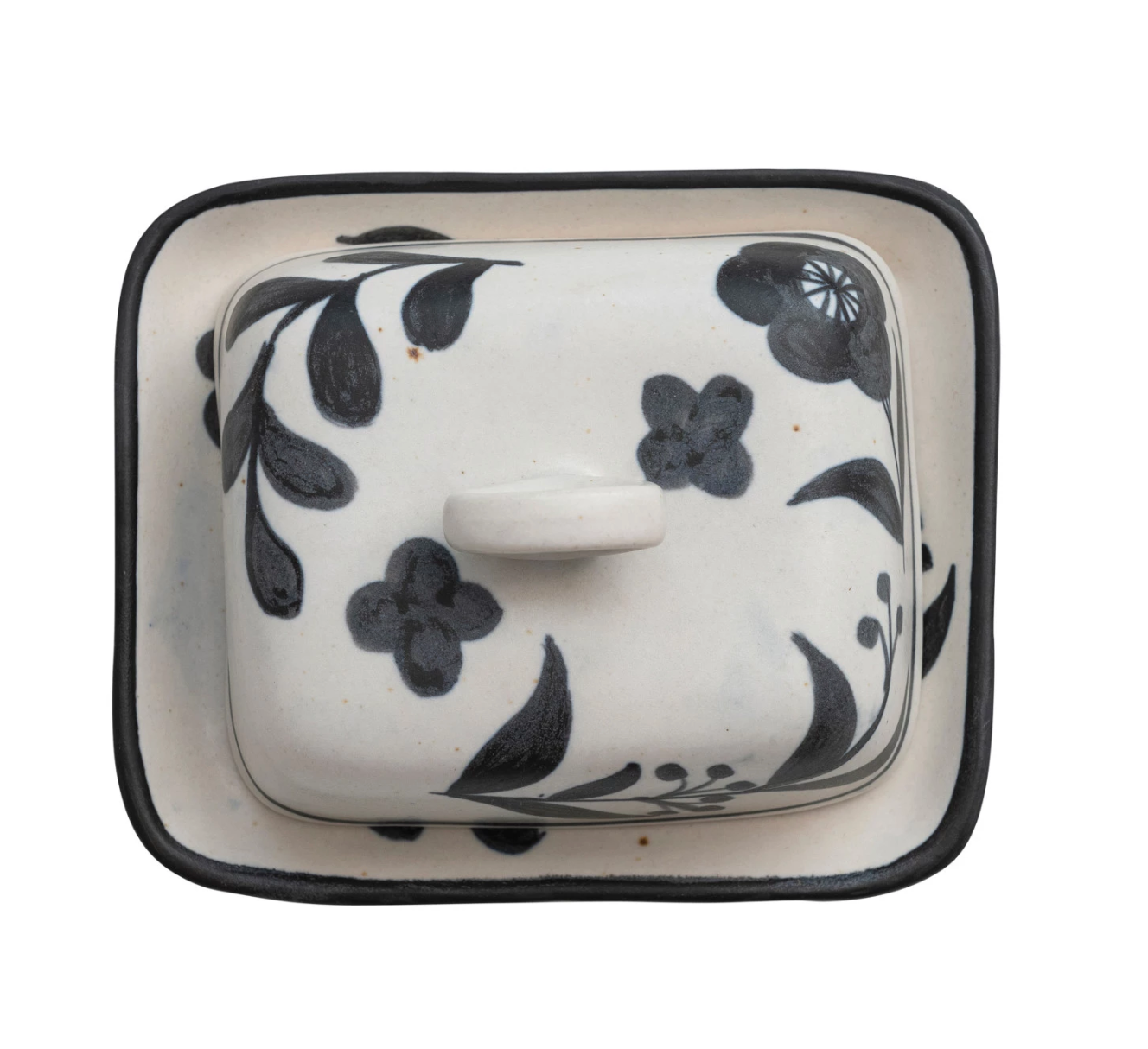 Butter Dish Floral Matte Black Cream
