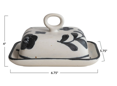 Butter Dish Floral Matte Black Cream