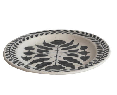 Platter w Floral Design Matte Black Cream