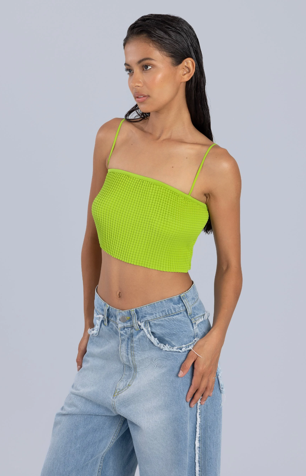 Scale Pleated Crop Top Green