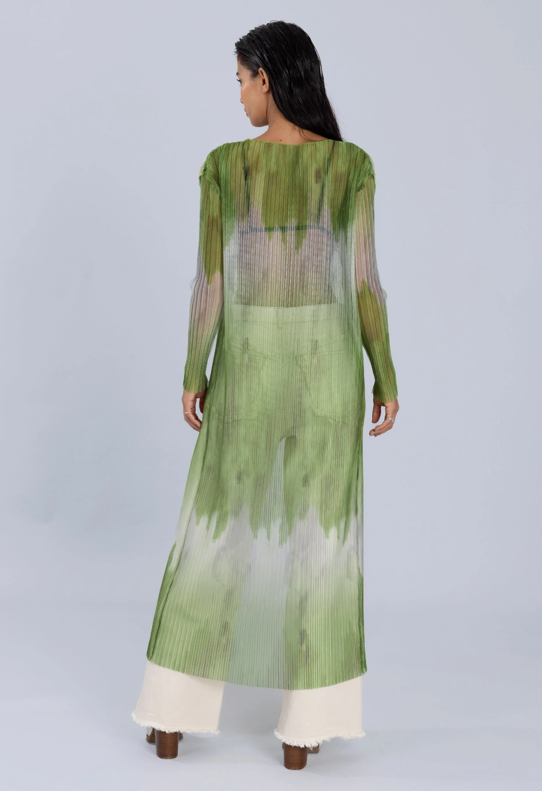 Ombre Print Pleated Maxi Cardigan Green