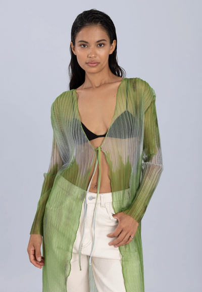 Ombre Print Pleated Maxi Cardigan Green