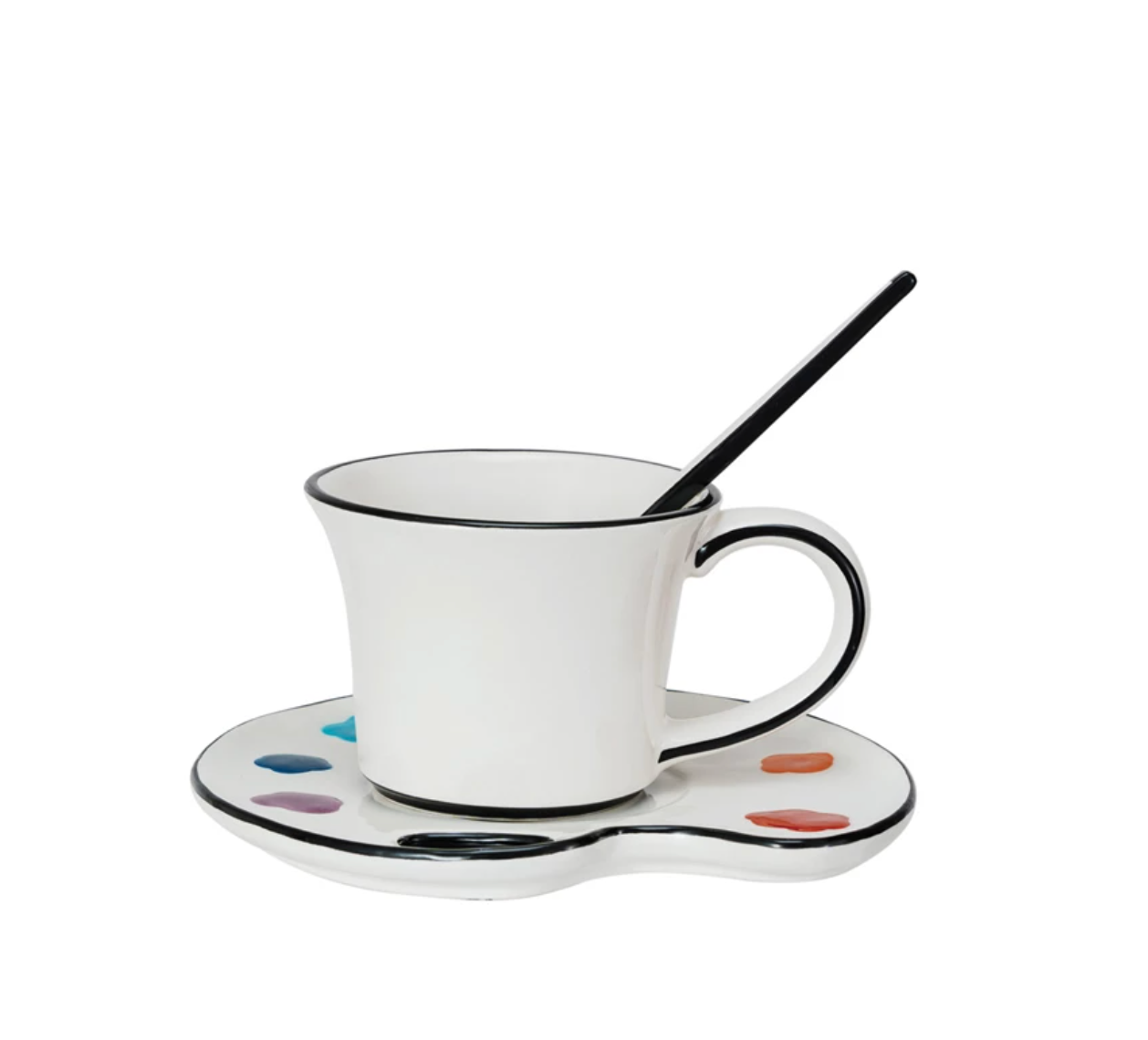 Ceramic Saucer w/ Teacup & Brush Shaped Stirrer