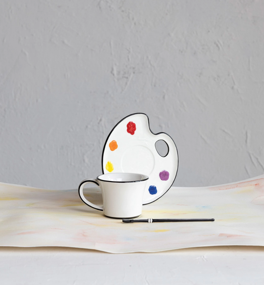 Ceramic Saucer w/ Teacup & Brush Shaped Stirrer