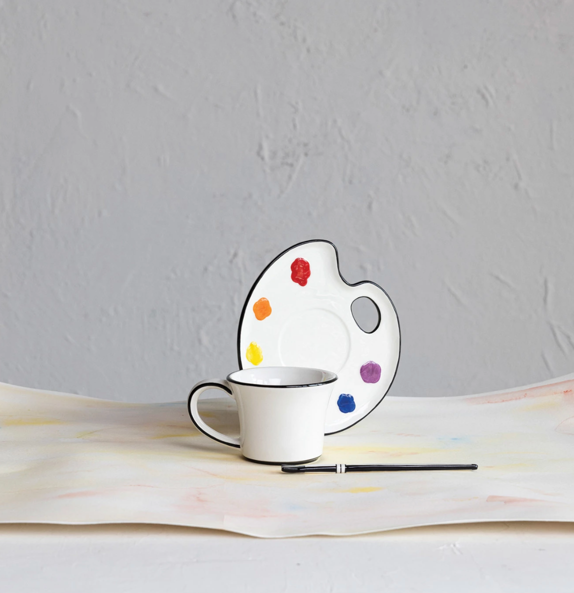 Ceramic Saucer w/ Teacup & Brush Shaped Stirrer