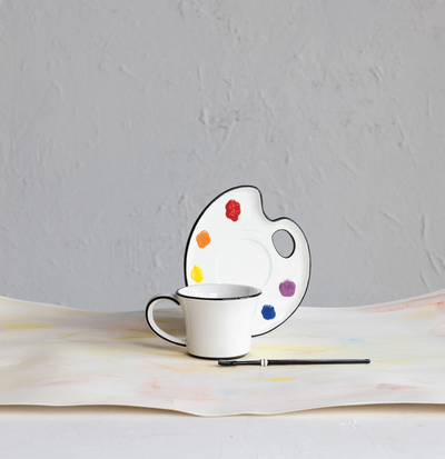 Ceramic Saucer w/ Teacup & Brush Shaped Stirrer