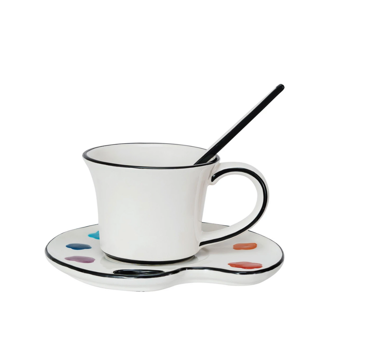 Ceramic Saucer w/ Teacup & Brush Shaped Stirrer