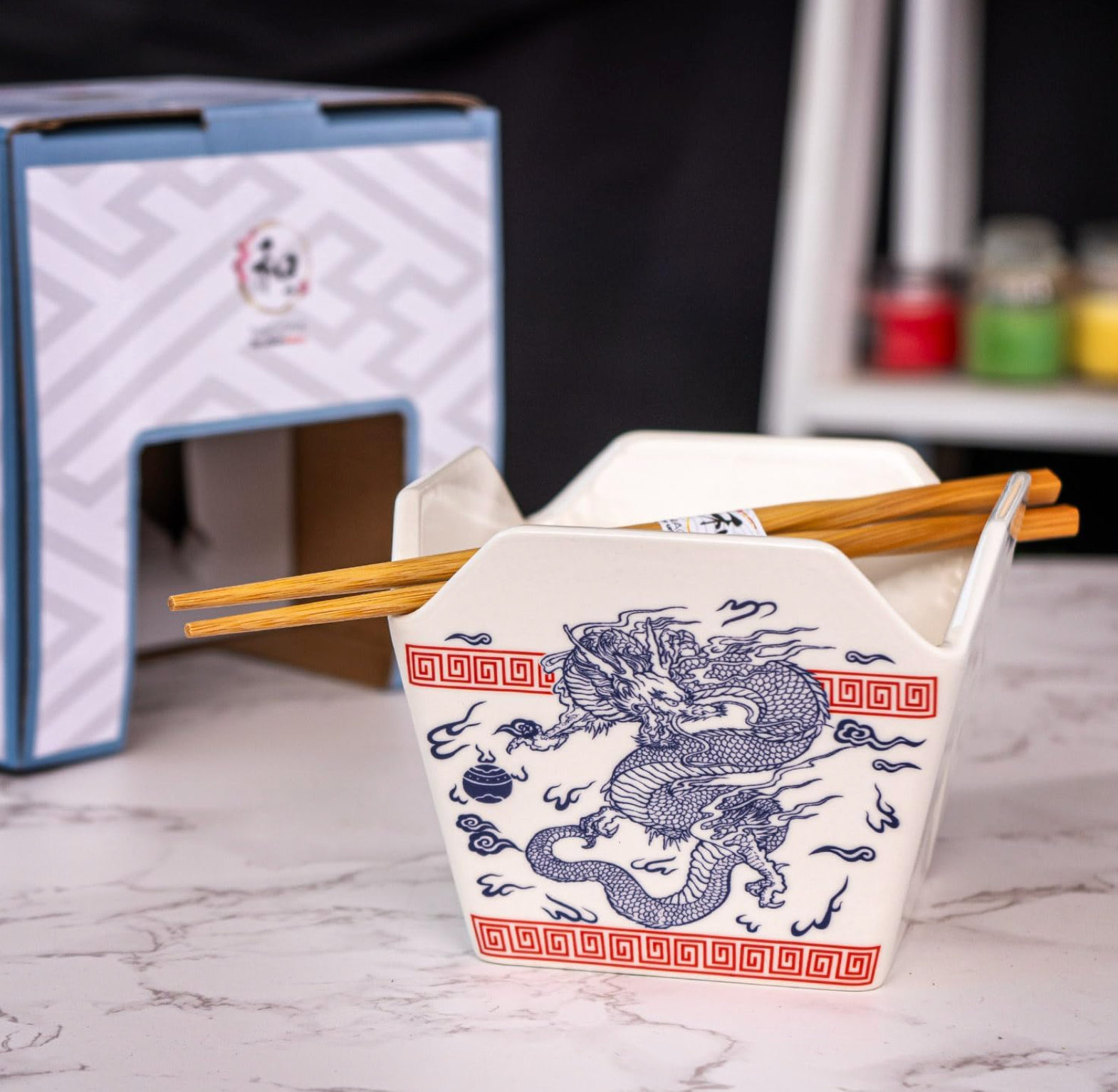 Takeout Box Serving Bowl With Chopsticks Dragon