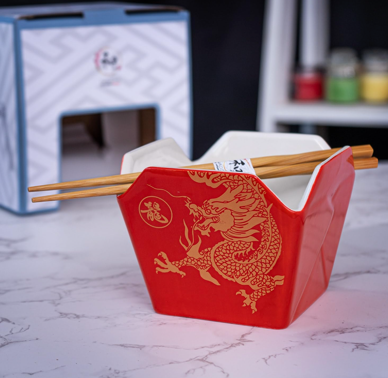 Takeout Box Serving Bowl With Chopsticks Dragon